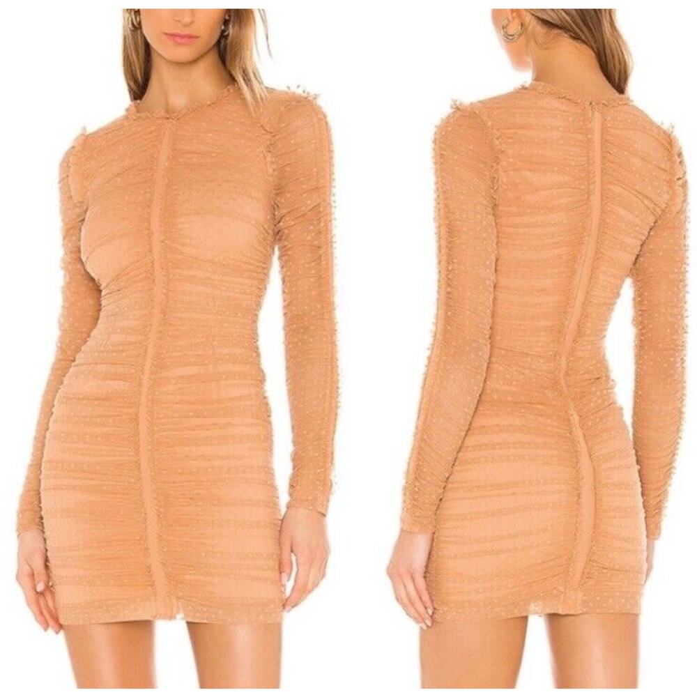 Revolve NBD Las Olas Long Sleeve Mini Dress Tan Ruched Mesh Bodycon Small w22
